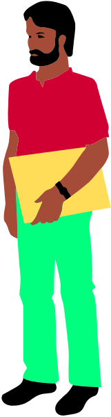 The image shows a man standing with his hands behind him; he's wearing green pants and has dark hair.