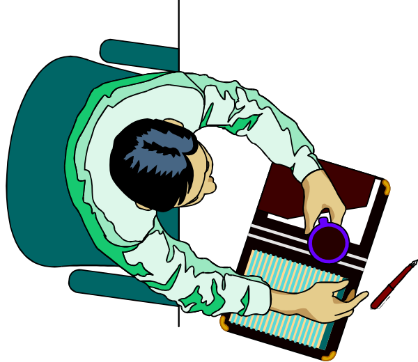 The image shows a person sitting at an office desk with papers on it, holding what appears to be a pen over them as if writing or drawing something.