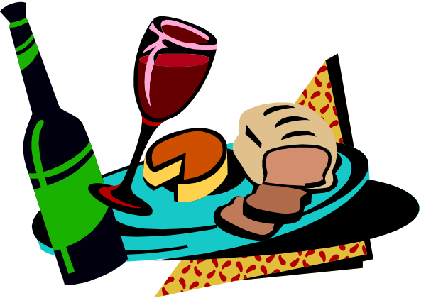 The image shows a cartoon depiction of food items on plates near water with fish swimming around it; there's also wine glasses in the background suggesting an upscale dining scene.