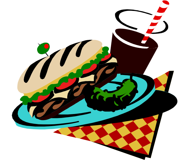 The illustration shows a sandwich on a plate with various toppings next to it, accompanied by what appears to be fries in a basket; there's also an iced drink beside them all. A straw is visible within the cup and two slices of pickle are placed near the main dish. In front of this meal setting sits another sandwich on top of some lettuce leaves with additional condiments, suggesting it might have been prepared as well but not yet served or eaten; a slice of pizza rests beside these items in what looks like an open box. The background is plain