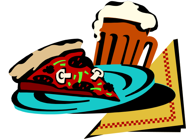 The image shows a cartoon depiction of pizza slices floating on water with beer mugs nearby; there's also an ice cream cone in the background.