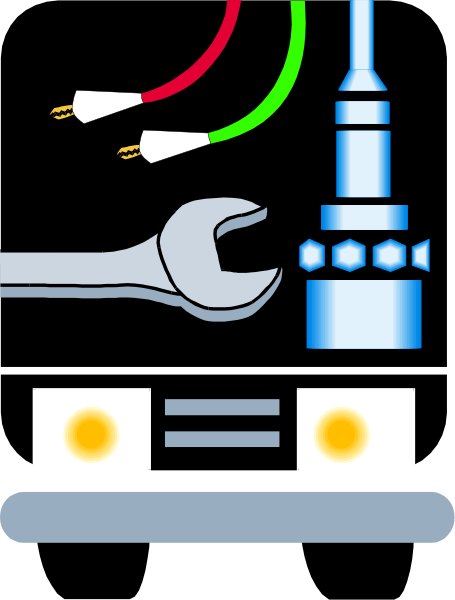 The image shows a stylized illustration of an electronic device with various icons around it: there's a wrench on its left side suggesting repair work; in front is what appears to be a small robot, possibly indicating automaton capabilities; and above that, two signal bars are visible. To the right, there seems to be some sort of antenna or satellite dish connected by cables to an unseen device below it. The background has a dark backdrop with light-colored icons scattered around: one resembles a lightning bolt on its left side and another that looks