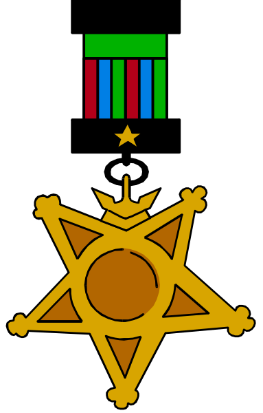 The flag of a fictional country with an emblem that includes stars on top corners, sun rays extending from behind it, and what appears to be a shield in between them; below this is another symbol resembling a cross-like shape within two circles connected by lines.