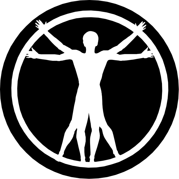 The black and white silhouette of a person with their arms outstretched inside an oval circle on what appears to be a signpost-like background.