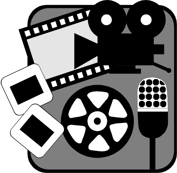 The black and white icon features a camera with film clapperboards on either side of it; above is an image of a person's head wearing earphones, below which there appears to be sound recording equipment including microphone stands and possibly other audio gear such as speakers or monitors.