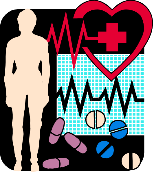 The image features a black silhouette of an adult human figure standing next to various medical symbols such as pills, heart rate monitor lines, blood pressure cuff, stethoscope earpieces, syringe with needle and plunger, thermometer, bandage roll, first aid kit box, ambulance symbol on a checkered background.