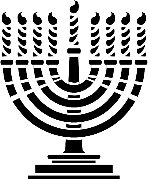 The image shows a black and white representation of an illuminated menorah with seven branches on each side against a dark background.