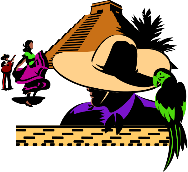 The image shows a cartoon of an anthropomorphic bird wearing a sombrero hat with two birds standing on either side in front of what appears to be a pyramid-like structure at nighttime, set against a dark background.