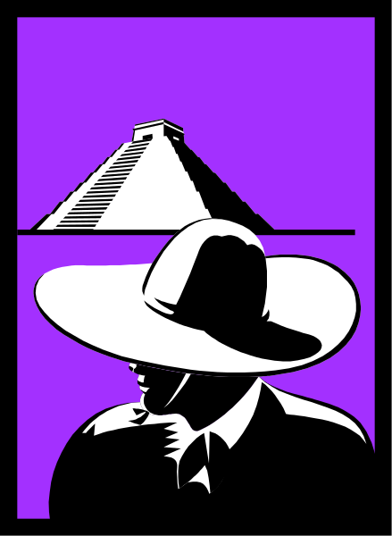 The image shows a stylized graphic of an ancient Egyptian pyramid with a silhouette figure wearing a hat standing in front of it against a purple background.