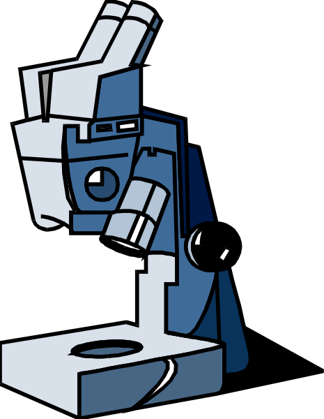 The image shows a cartoon of an electronic microscope with various parts labeled "eye," "lens," "stage," etc., set against a black background.