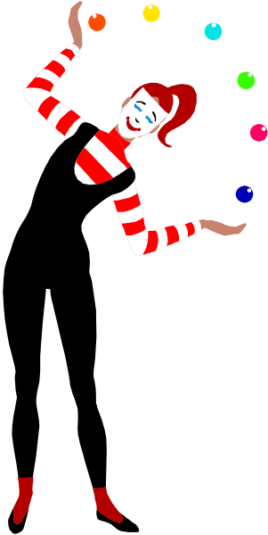 The image shows a cartoon of Harley Quinn from Batman comics standing on her tiptoes with multiple colorful balls around her feet in front of what appears to be an empty background.