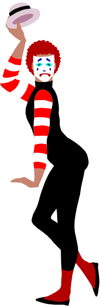 The image shows a man dressed as Ronald McDonald standing against a dark background with his arms outstretched to either side of him; he is holding what appears to be a tray in front of him.