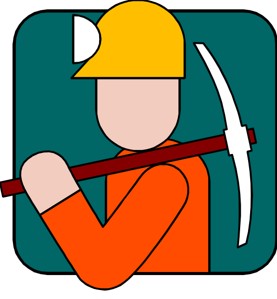 The illustration depicts a miner holding an axe with both hands while standing next to what appears to be a pickaxe on his back. He is wearing safety gear including a hard hat and reflective clothing, suggesting he works in construction or mining environments where such attire would provide protection from potential hazards like falling debris or low visibility conditions. The miner's stance indicates that they are either preparing for work or taking a break during it.