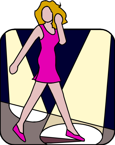 The image shows a cartoon of an animated woman walking on stilts with her hands outstretched as if she's dancing in front of what appears to be a stage light effect.