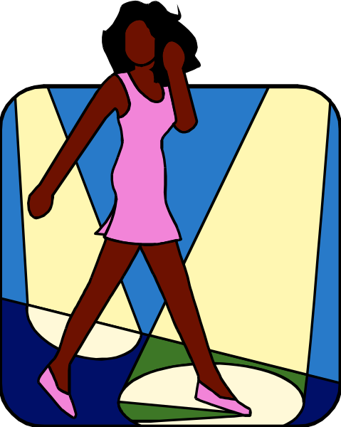 The image shows a cartoon of an animated woman walking on sidewalks with buildings behind her under what appears to be blue sky.