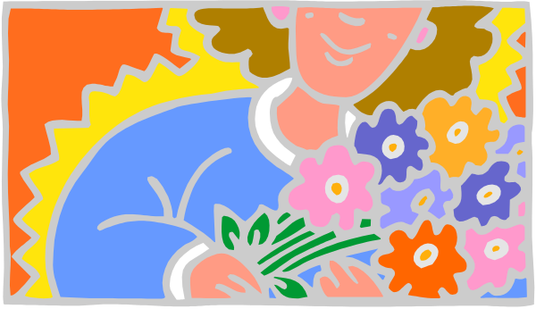 The image shows a cartoon of an adult woman holding flowers with her left hand while standing next to them on what appears to be a sunny day outside; she is smiling at something off-frame in front of her, and there's another smaller figure that seems like it could represent the same person from behind.