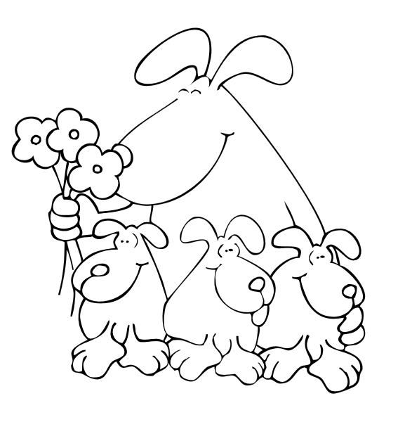 The black and white illustration shows a cartoon dog character holding two puppies with flowers on their ears; all three dogs have big eyes and appear to be smiling at each other in front of an unseen background, suggesting it's part of a larger image or series that includes the main subject.
