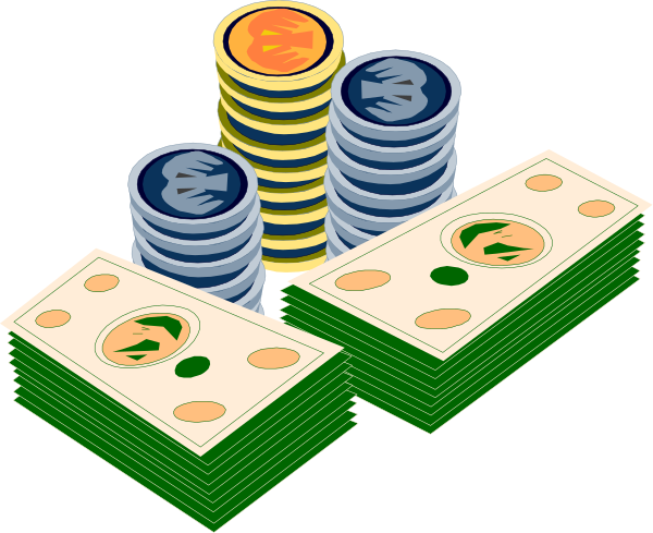 The image shows a collection of stacks with money on them against a black background; there is no text present within this clip-art illustration.