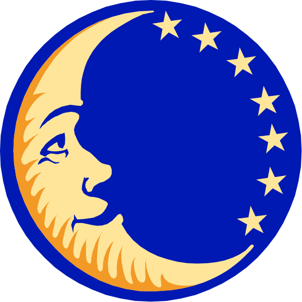 The image features a stylized depiction of an illuminated crescent moon with stars around it on its right side against a dark background; below this is another smaller circle containing two European Union flags, one above and slightly to the left of the other.