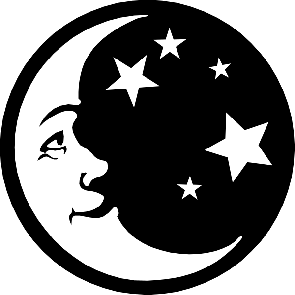 The black silhouette of a crescent moon with white stars around it against a dark background.