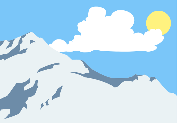 The image shows a cartoon depiction of an outdoor scene with mountains under a blue sky dotted with clouds; there is also a sun in the top right corner casting light on part of one mountain peak.
