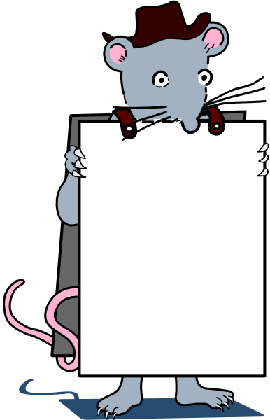 The cartoon shows a rat holding up an empty sign with its paws while standing on two legs against a dark background; there is no text in this image.