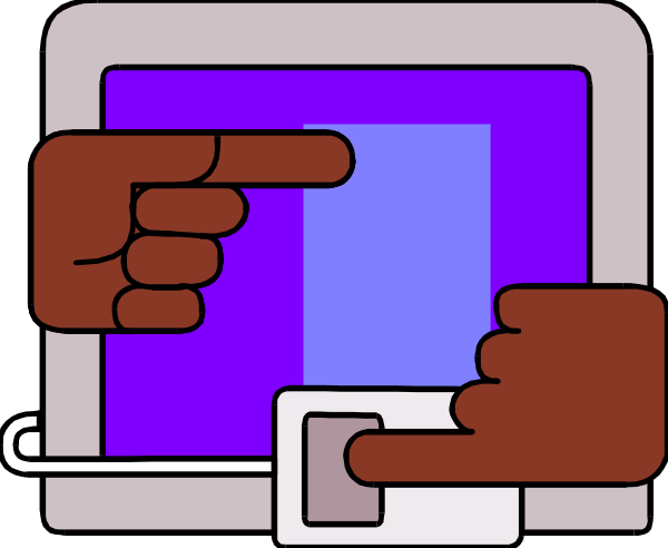The image shows a cartoon of two hands pointing at different parts on an electronic device screen with various icons displayed; there is no text present in this clip-art illustration.