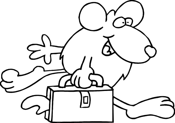 The black and white cartoon shows a mouse with an open briefcase standing on its hind legs next to it, holding what appears to be papers in one paw while looking surprised at something off-frame; there is no background detail provided beyond this scene of anthropomorphic animal activity.