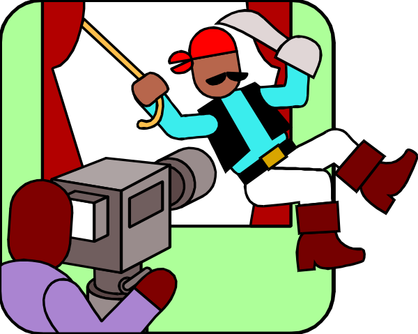 The image shows a cartoon of an animated character dressed as Indiana Jones sitting on top of a camera filming another scene with two other characters: one holding up curtains to reveal a stage set for what appears to be a live performance, and another standing in front of it wearing cowboy attire.