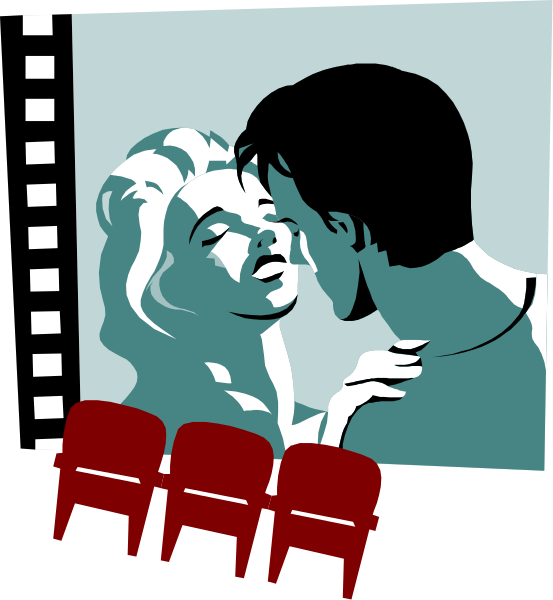 The image shows a black and white illustration of two figures embracing each other against an open window with movie posters in front; there is also red furniture visible at bottom right corner.
