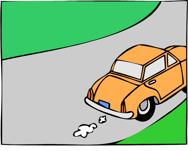The comic strip shows a car driving on an empty road with smoke coming from its tires; it's nighttime outside of what appears to be a small town.