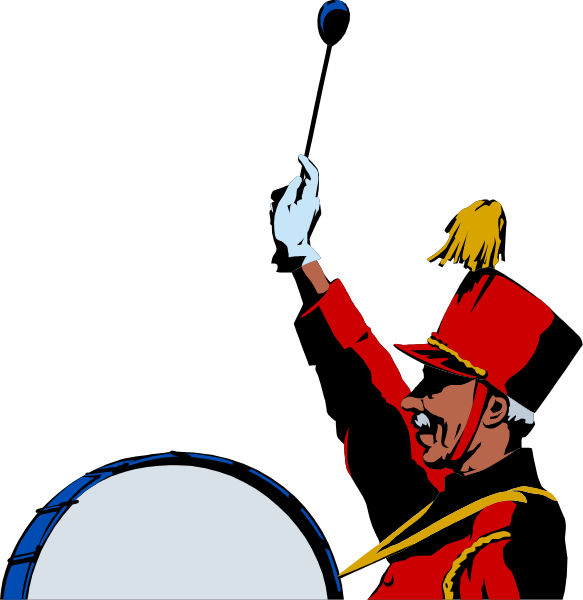 The image shows a cartoon of an animated character dressed as a drummer with his arms raised high while playing drums on what appears to be a stage set against a dark background.