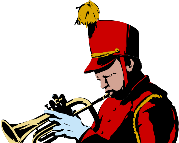 The image shows a cartoon of an officer playing trombone with his back to us; he is wearing red uniform attire that includes a hat, coat, pants, boots, belt, gloves, epaulettes and has gold trim on them.