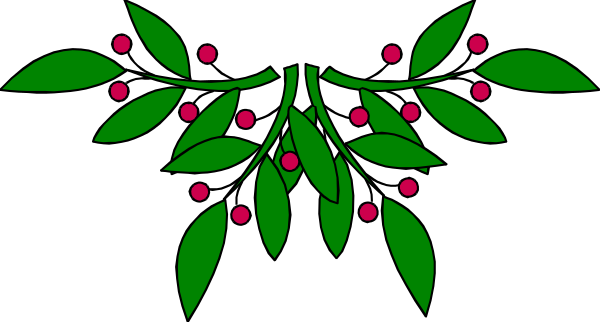 The image shows a black and white illustration of holly with red berries on it against a gray background.
