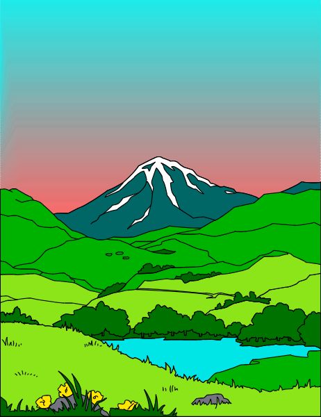The illustration depicts a serene landscape with an expansive mountain range under a colorful sky at sunset, featuring hues of pink, blue, green, yellow, orange, red, purple, white and black in various shades creating a vibrant backdrop for the scene below it.