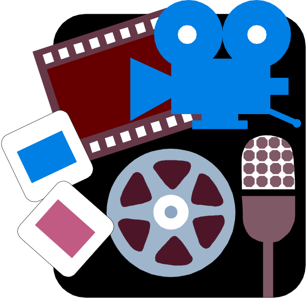 The image features a collection of film production items including clapperboard with "1" on it, camera symbolizing video recording equipment, microphone for sound capture, reel representing celluloid films, and clip-art elements like scissors suggesting editing or cutting footage together in the context of movie making.