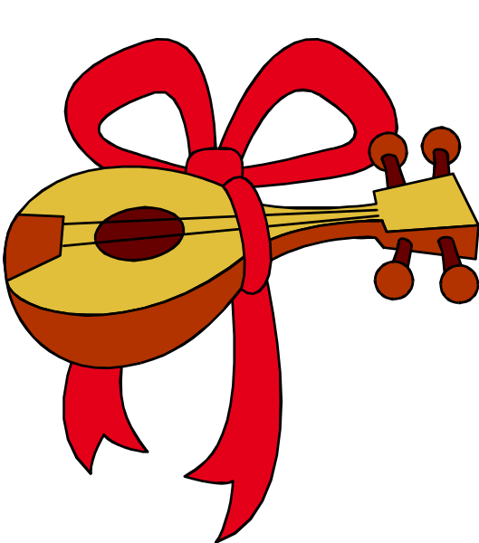 The image shows a cartoon of an accordion with red ribbon tied around it, set against black background.