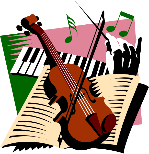 The image shows a violin with music notes above it on an open book page that resembles sheet music for piano pieces.