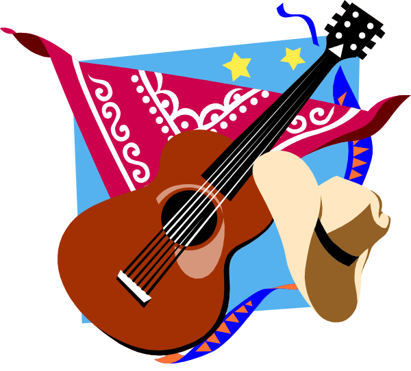 The image features a guitar with an American flag design on it leaning against what appears to be another smaller guitar, both set within a red border that has white stars at each corner; there is no text present in this clip-art illustration.