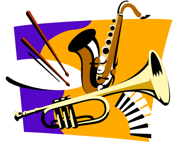 The image shows a cartoon of an alto saxophone with music notes flying around it on what appears to be a purple background.