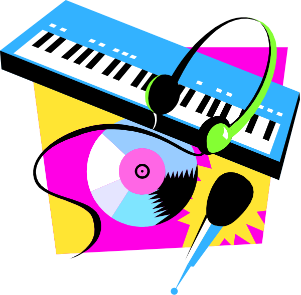 The image shows a colorful illustration of an electronic keyboard with headphones on top next to what appears to be a fish-like object that could represent music equipment or sound waves due to its eye design; there's also a pair of sunglasses and possibly other musical instruments in the background.