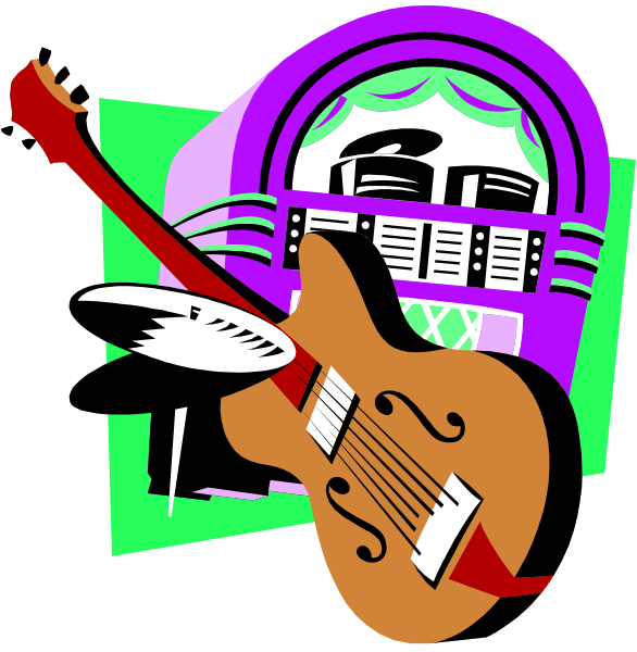 The image features a guitar leaning against an old jukebox with musical notes around it on what appears to be a purple background.