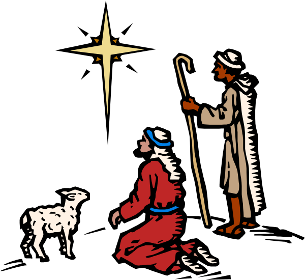 The black and white illustration depicts a shepherd with his flock of sheep under what appears to be an illuminated cross at nighttime in front of him, kneeling on one knee before it as if praying; another figure stands behind them both looking up towards the lighted sign.