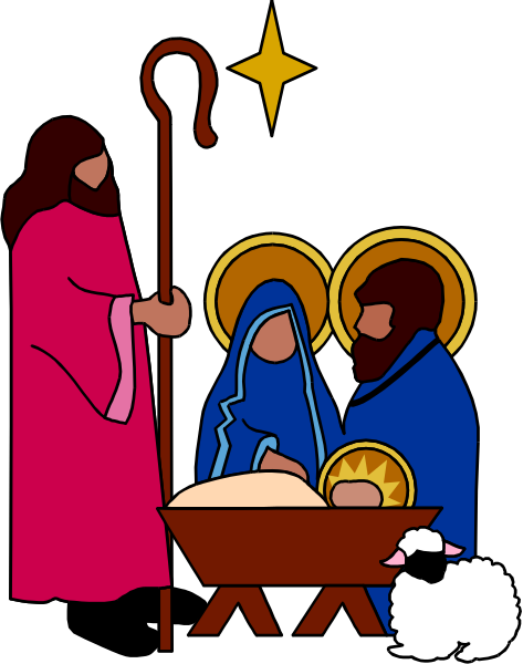 The illustration depicts a nativity scene with figures of Mary holding baby Jesus inside an infant crib, Joseph standing to her right, shepherds in traditional attire presenting gifts at their feet, angels above them announcing "Gloria in excelis," and three wise men offering presents.