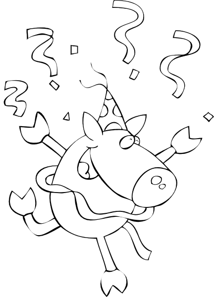 The black and white illustration shows a cartoon cow with an exaggeratedly large head wearing party hats on both ears, surrounded by question marks that suggest confusion or surprise.