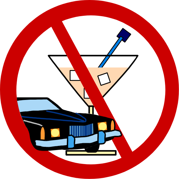 The image shows a cartoon of an iconic cocktail martini with two olives on top next to a car that is parked in front of it, indicating prohibition against drinking alcohol while driving as per traffic laws and regulations.