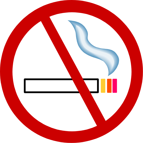 The image shows a red circle with two white signs inside it: on top is an icon of smoke being blown away by wind; below that is another sign indicating prohibition against smoking cigarettes.