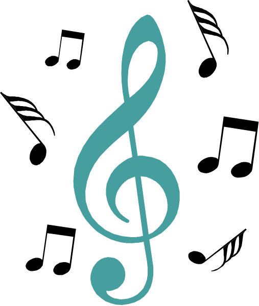 The image shows a black treble clef symbol with blue notes on it against a white background.