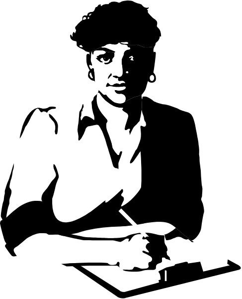 The black and white silhouette of a person sitting at a desk with papers on it, writing something down using their right hand while looking to the left side of the image.