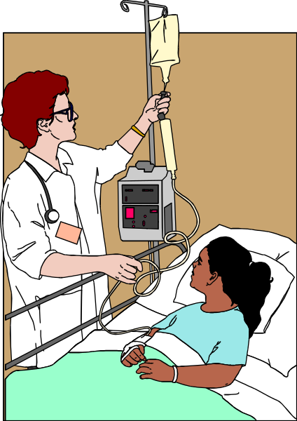 The illustration depicts a nurse administering medication to an unconscious patient lying on a hospital bed with medical equipment around them in what appears to be a healthcare facility.
